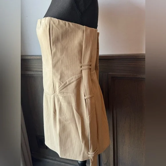 PrettyLittleThing taupe pinstripe Bardot corset bodycon dress NWT 12 - Picture 4 of 7